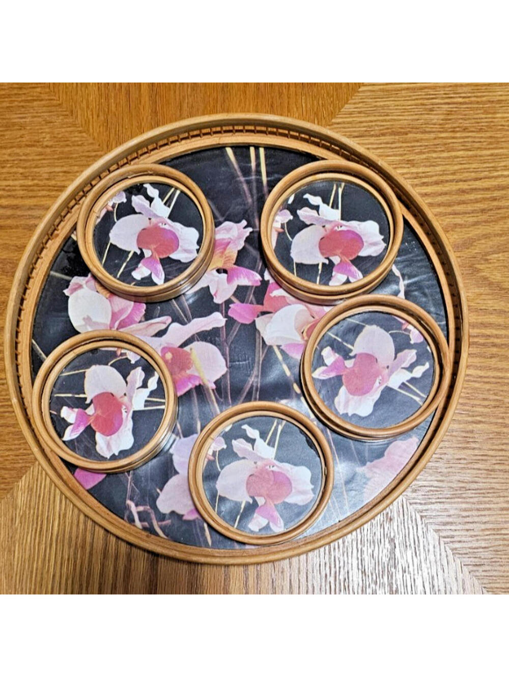 Vintage DH Holmes Magnolia Floral Coaster Tray Set Bamboo Ratan Boho Cottagecore